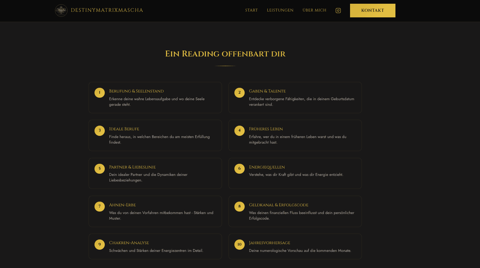 destinymatrixmascha.vercel.app, 10 Lebensbereiche zeigen die volle Range