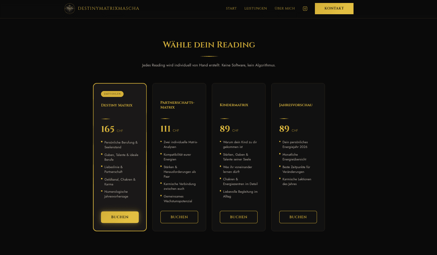 destinymatrixmascha.vercel.app, Klares Tier-System, Empfohlen-Tag lenkt den Blick